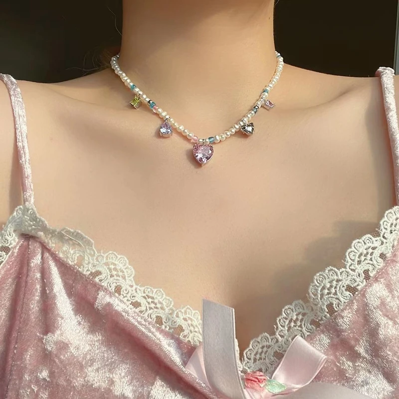 

MASA New Pink Crystal Heart Pendant Necklace for Women KoreanTrendy Lady Elegant Pearl Beads Choker Necklace Y2K Jewelry