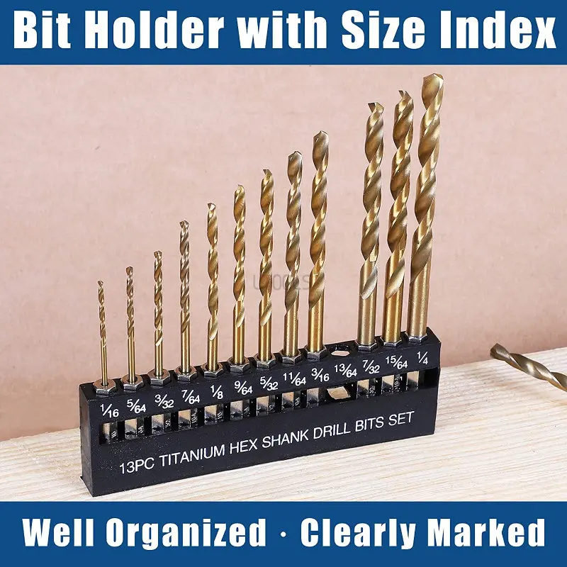 1/16-1/4 Electric Drill Screwdriver Drilling Tool Hexagonal Handle Titanium-Plated Twist Drill High Hardness Hand Bit 13pcs