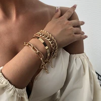 dainty boho gold silver chain bracelets set for women adjustable fashion beaded chunky flat cable chain punk bracelets jewelry f