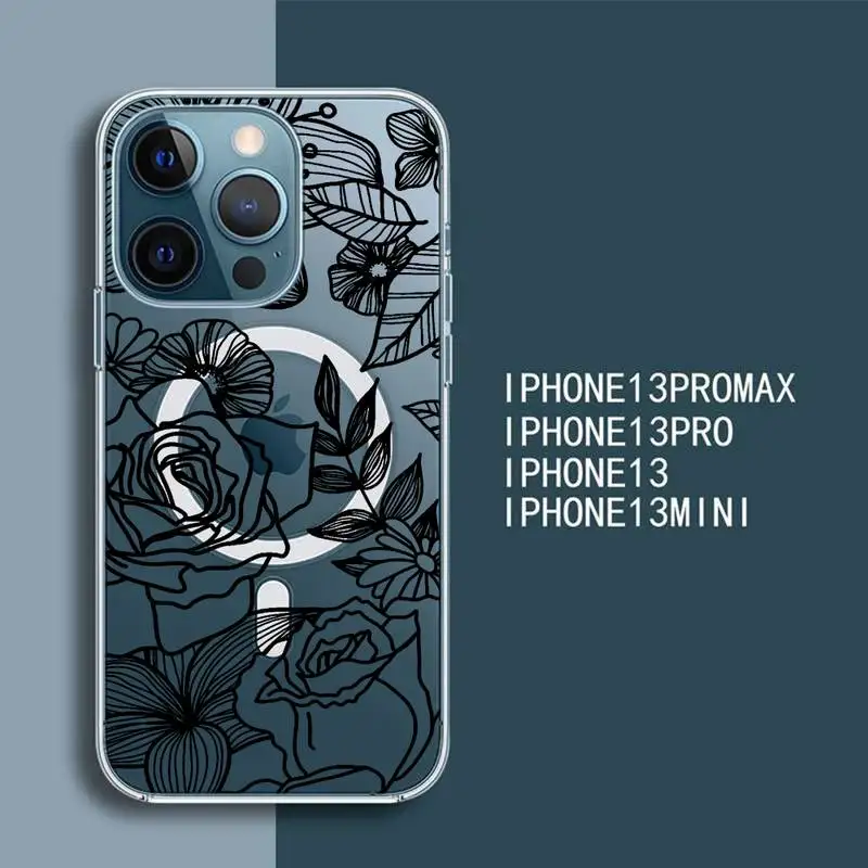 

Flower Hollow Three-Dimensional 3D Lines Phone Case For iPhone 13 12 Mini Pro Max transparent Super Magnetic MagSafe Cover