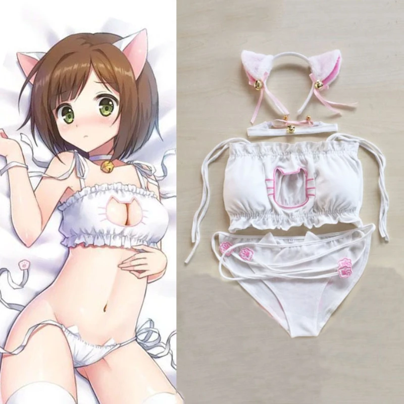 

Woemn Anime Strappy Neko Bra Hollow Ruffle Cosplay Lace Briefs Sexy Set Cat Babydoll Maid Miku Ear Exotic Lenceria Lingerie 2020