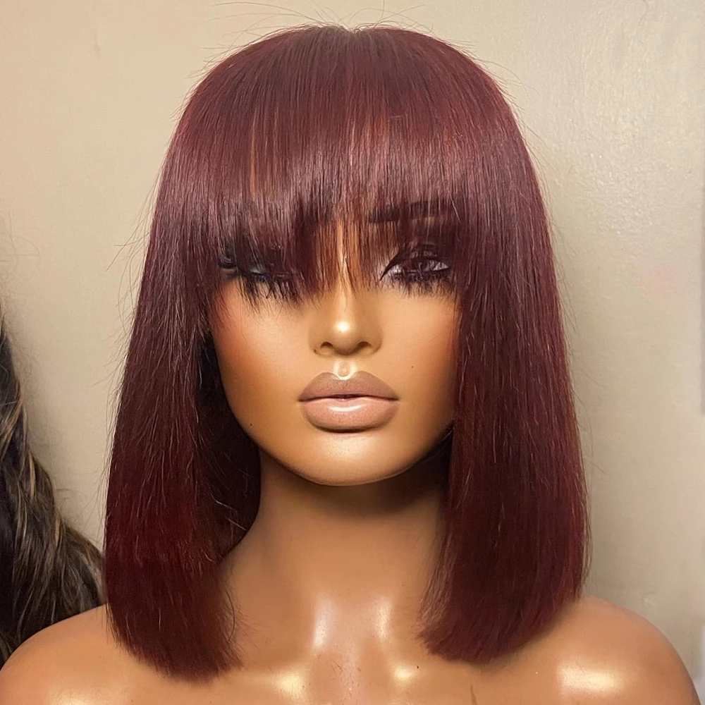 

99J Burgundy Colored Straight Wig with Bang Full Machine Made Wig Straight Remy Human Hair Glueless Short Bob Wigs With Bangs