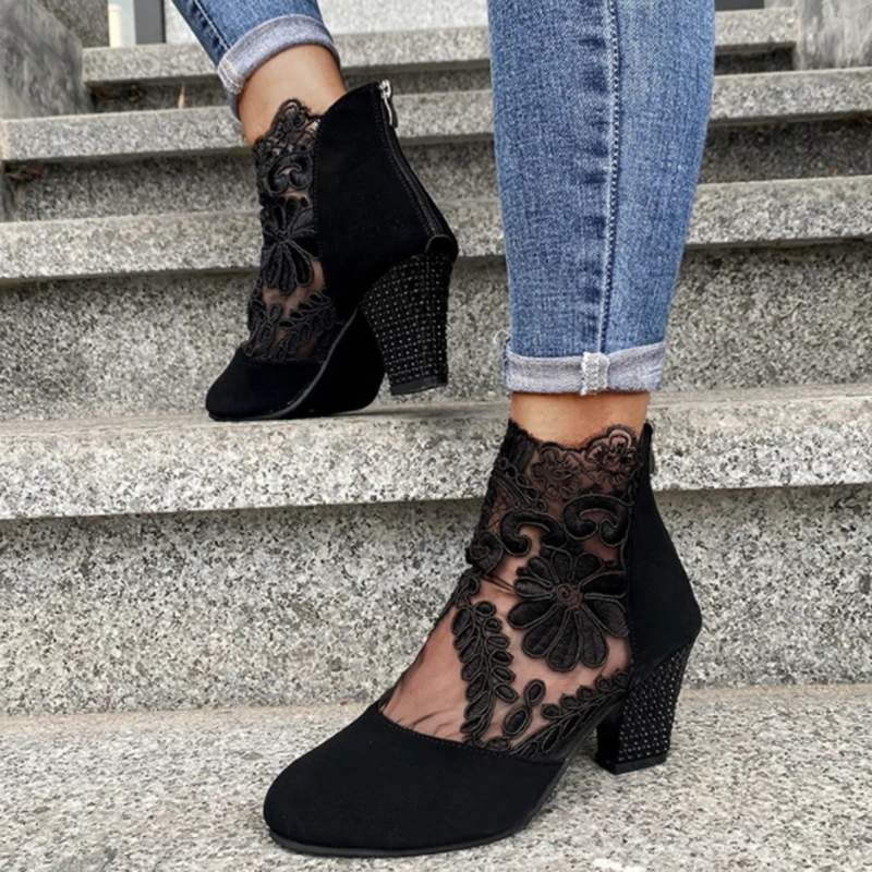 

Vintage Cutout High Heel Women's Boots New Spring And Summer Lady's Boots Medium Women's Hells Shoes Lace Boots Sexy