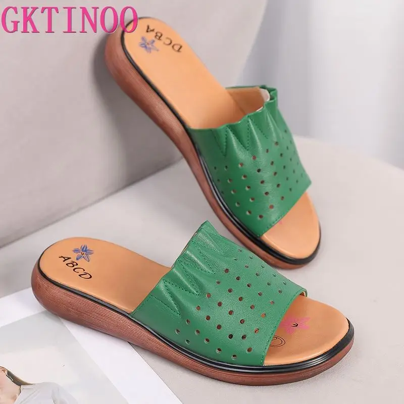 

GKTINOO Womens Slides Platform Mules Genuine Leather Shoes Women Flat Heels Slippers Summer Sandals Sapatos De Mujer Flip Flop