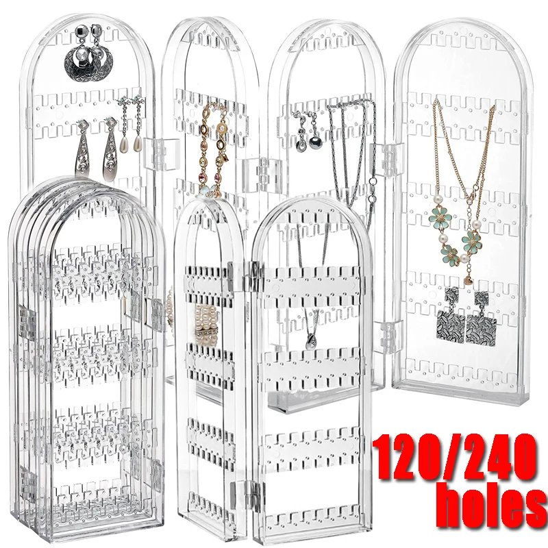 

120/240 Holes Earrings Display Stand Transparent Plastic Fold Byobu Organizer Fashion Jewelry Shopwindow Storage Display Stands