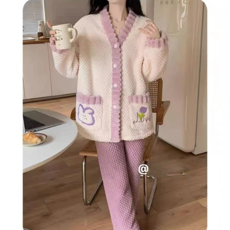 Новая коралловая бархатная пижама женский комплект сладкий ветер зима с