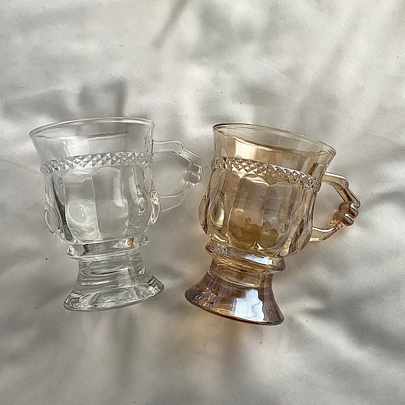 

Coffee Cup England Afternoon Tea Cup High Beauty High Foot Small Luxury Embossed European Vintage Glass Latte Cup with Handle