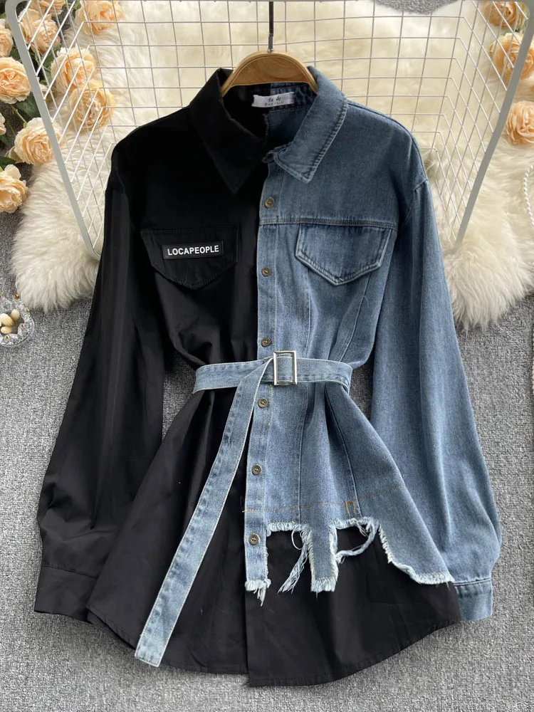 Женская джинсовая Блуза средней длины с длинным рукавом ремнем - купить по