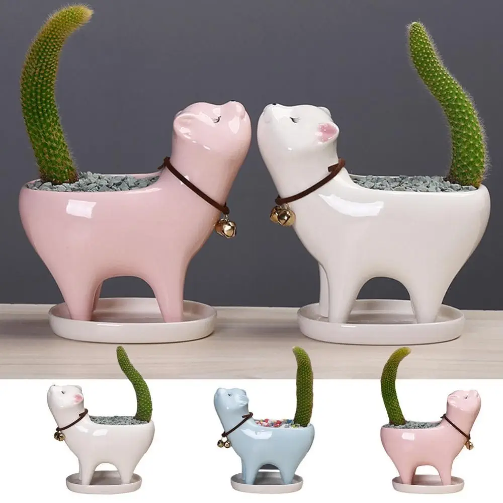 

Cat Shape Ceramic Garden Pots Cute Cat Tail Succulent Cactus Ceramic Planter With Bell Home Garden Office Desktop Decoration