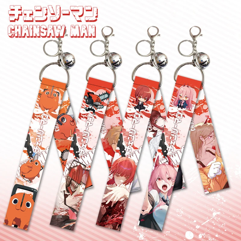 

Chainsaw Man Ribbon Keychains Cosplay Anime Makima Power Pochita Denji Reze Aki Kawaii Lanyard Bell Keyrings Backpack Pendants