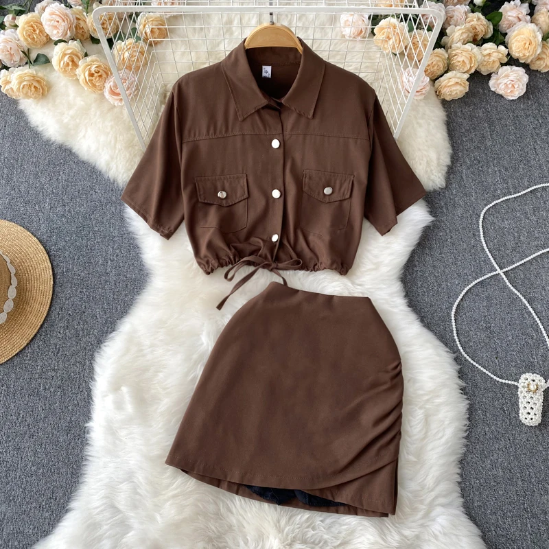 

2022 New Two-Piece Suit for Women, Early Autumn Drawstring Short Sleeve Shirt Top High Waist Sheath Half Body Short Skirt