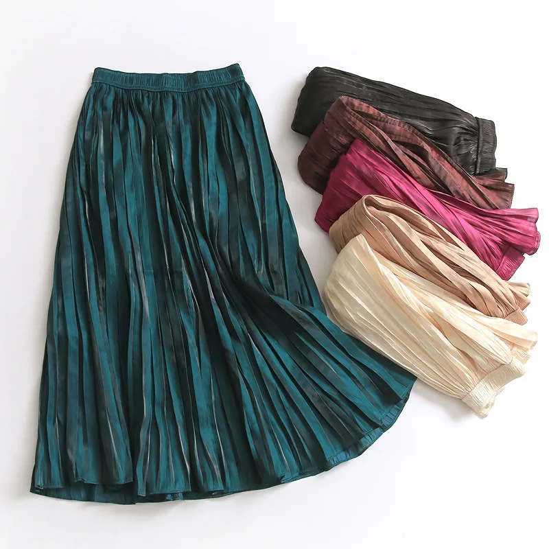 

Womenglossy elastic waist slim pleated Solid color skirts summer new 2022 Korean A-line skirts female mid-length long skirts