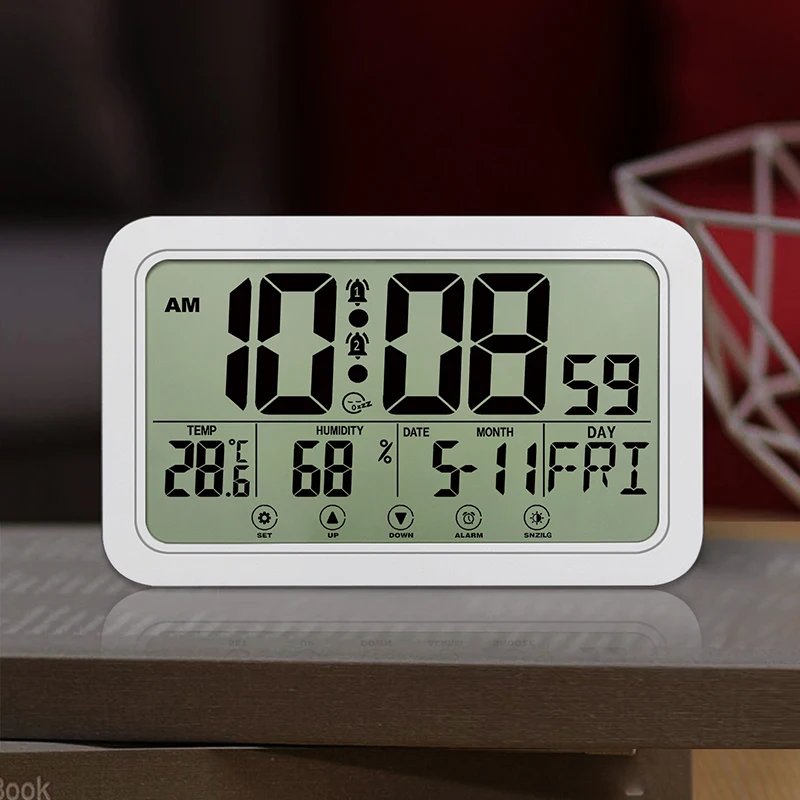 Large Number Digital Wall Clock Temperature Humidity Display Snooze Alarm Clock Hanging/Desktop Electronic Clock Battery Powered