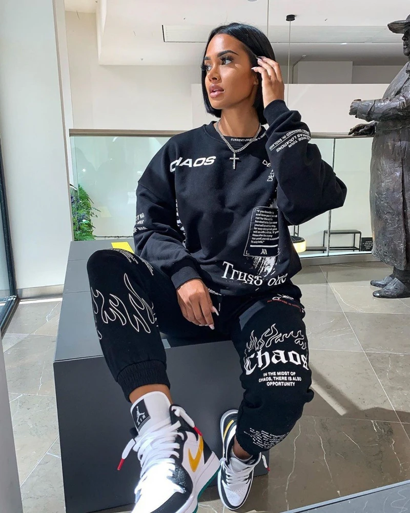 

Women Outfit Letter Print Loose 2 Two Piece Set Streetwear Tracksuit Sweatshirt Joggers Pants Matching Ensemble Femme 2 pièces