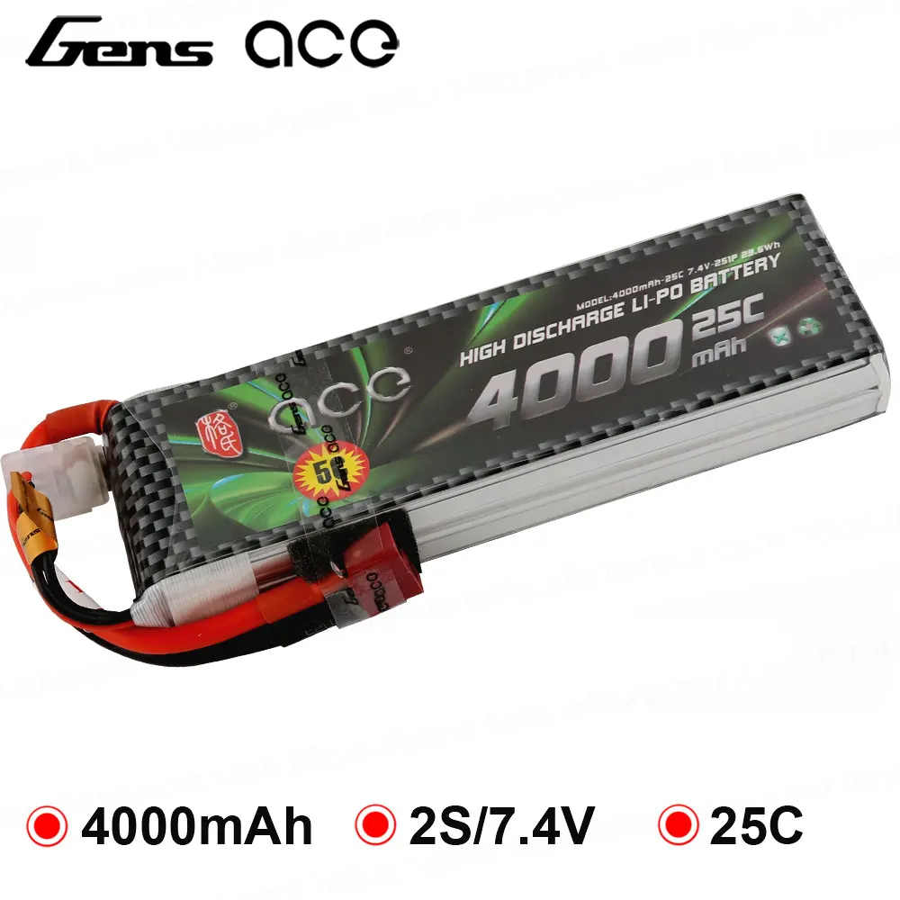 

Gens ace 2S 3S 7.4V 11.1V 4000mAh Lipo Battery Pack 25C XT60 T Dean Plug Connector for Graupner RC Helicopter Car FPV Drone Boat
