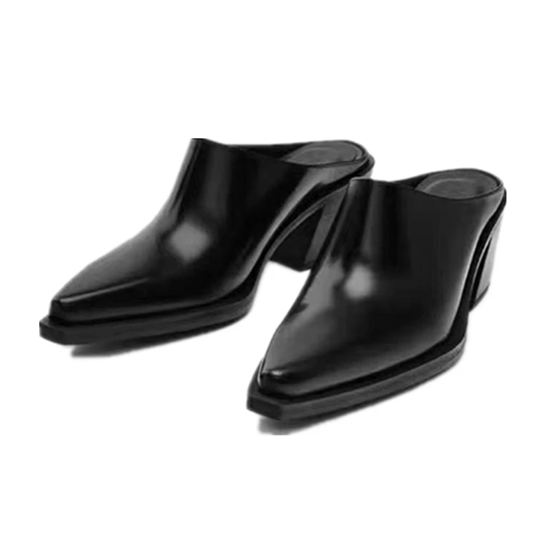 Maxdutti French Retro Square Toe High Heel Mule Shoes Fashion Leather Shoes Women