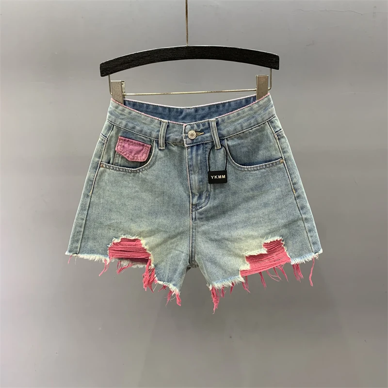 Ripped Denim Shorts 2023 Summer New High Waist Slimming Sense Of Design Contrast Color A-line Wide Leg Hot Pants For Hot Girls