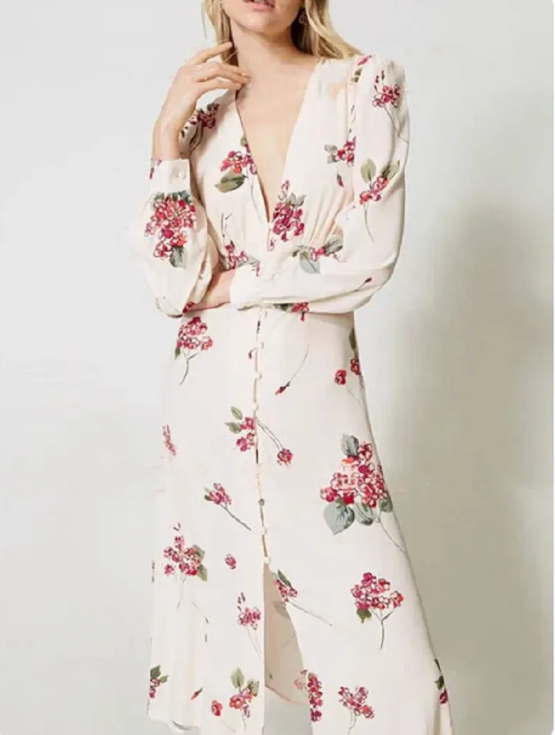 

Women Midi Dress Printed Long Sleeve Sweet Robe