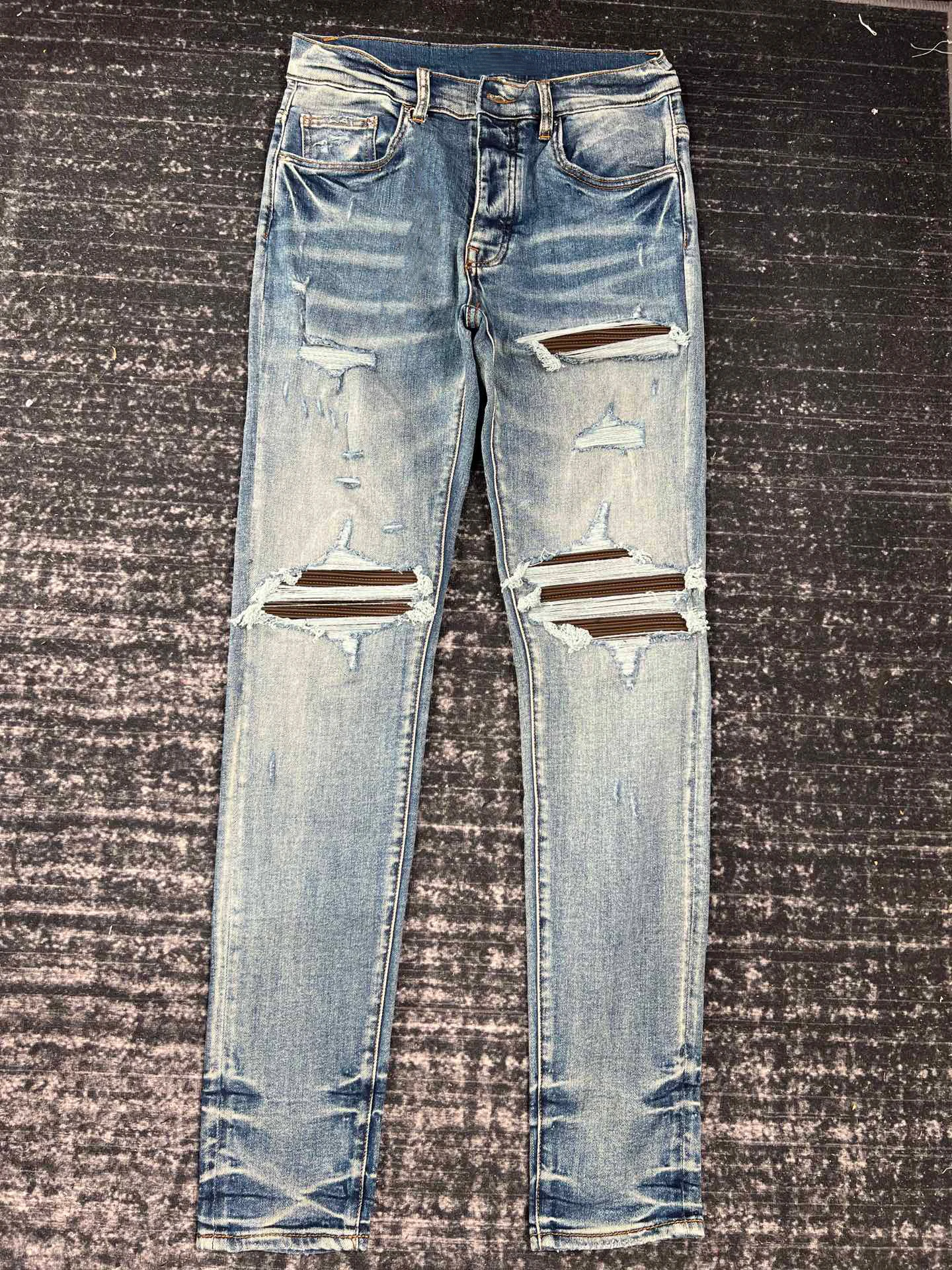 

Brown Patchwork Leather Ripped Wash Do Old Damage Jeans Men
