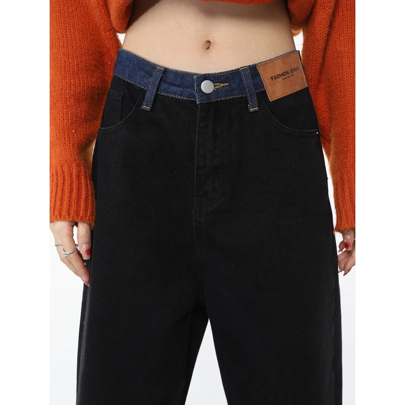 

Черные женские джинсы, сращивающиеся с высокой талией, американская мода, винтажные джинсы с широкими штанинами, женские джинсовые брюки, прямые мешковатые джинсовые брюки