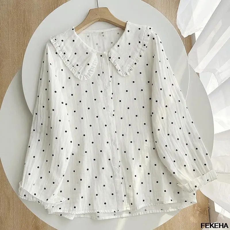

Женская хлопковая блузка в горошек, белая рубашка в японском стиле с воротником «Питер Пэн» и длинным рукавом