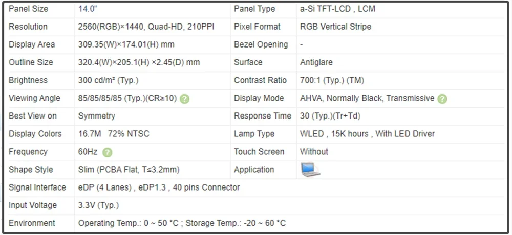 14-дюймовый ЖК-экран IPS-панель Slim QHD 2560x1440 EDP 40 контактов 60 Гц без сенсорного экрана