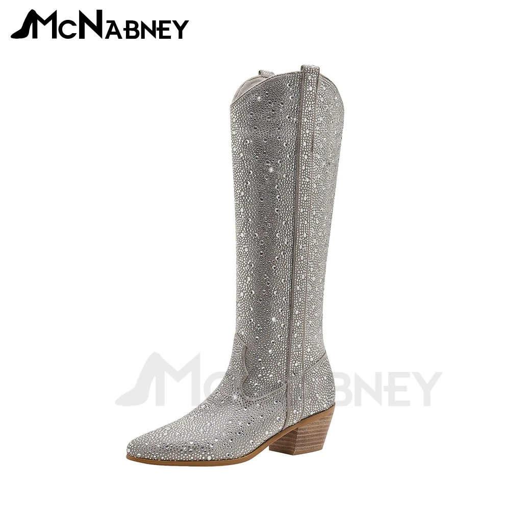 Rhinestone Western Cowboy Knee Boots Pointed Toe Wedge Boots for Women Fashion Luxury Style High Heels Bling Bling Slip On Boots