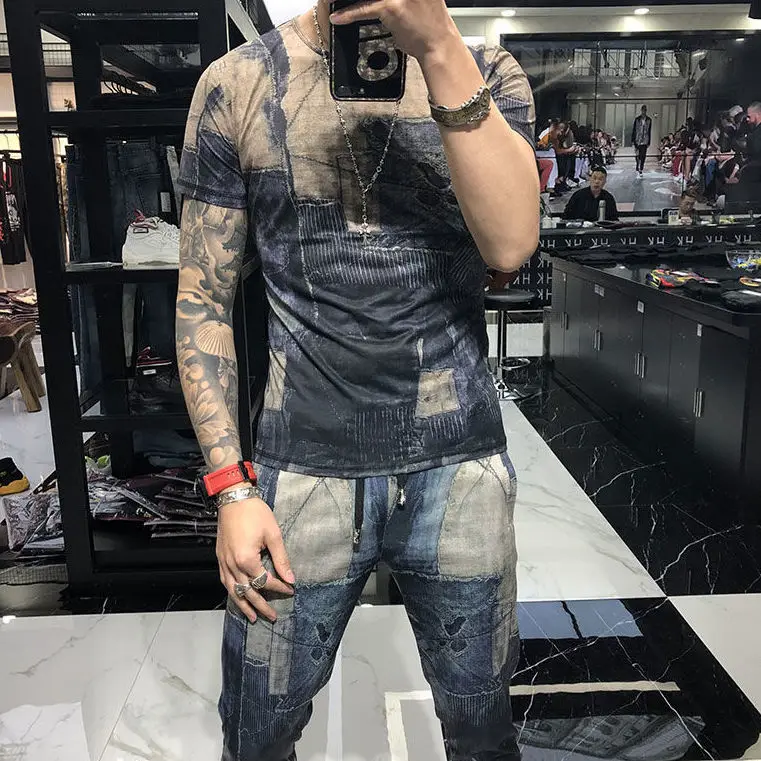 New men's summer short sleeve camouflage suit Korean fashion handsome casual printed pants two-piece set