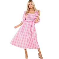 summer casual vintage midi dress short puff sleeve plaid bow pink babydoll swing dress ladies holiday sundress kawaii clothes