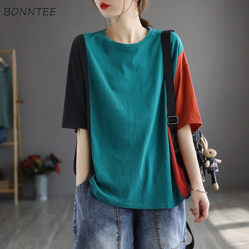 

T-shirts Women Patchwork Loose Korean Style O-neck Streetwear All-match Cool Summer Fashion Cozy Retro Popular New Arrival Youth