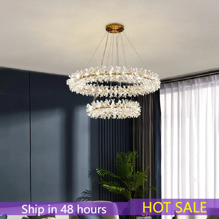 

New Copper LED Modern Round K9 Crystal Chandelier For Dining Room Design Kitchen Island Lighting Fixtures Plated Chrome G4