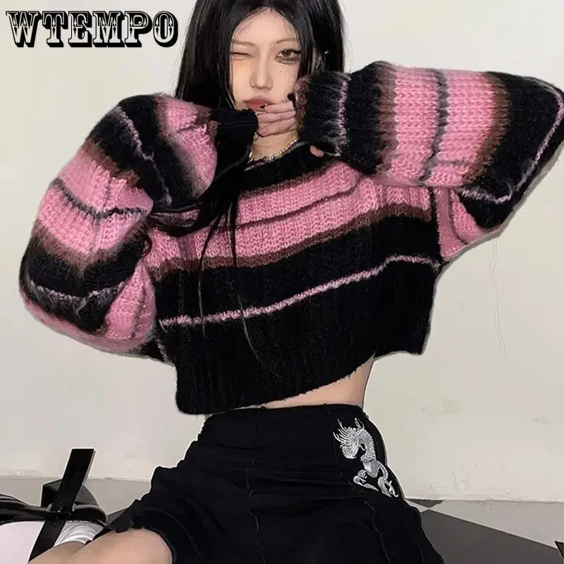 

Y2K Korean Style Pink Cropped Sweater Women Striped Jumper Vintage Female Autumn Long Sleeve Crewneck Pullovers Tops