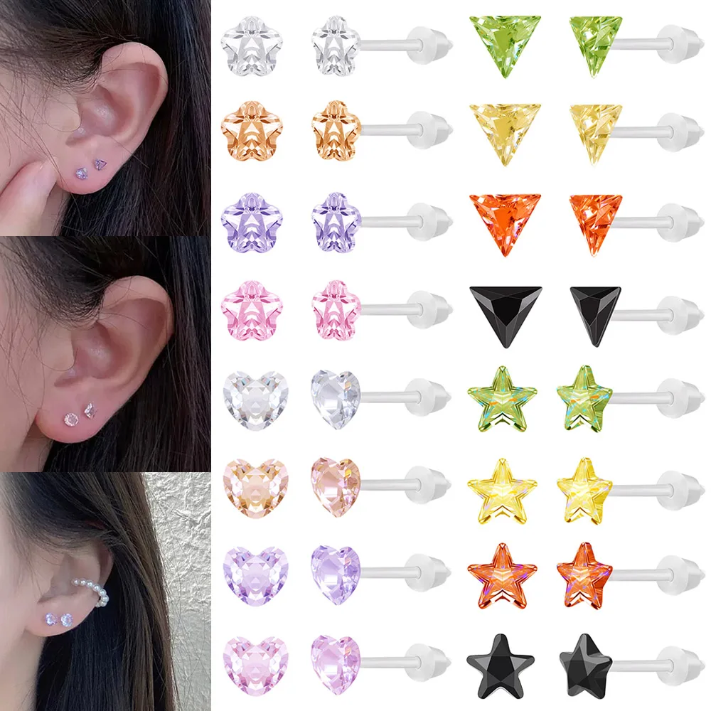 

ZS 20G Resin Crystal Studs Earring Star Heart Shape Acrylic Ear Stud for Women Girls Zircon Earrings Set Body Piericng Jewelry