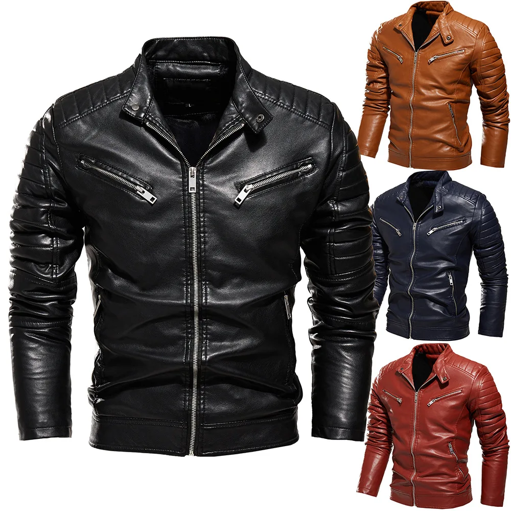 

2022 Winter Black Leather Jacket Men Fur Lined Warm Motorcycle Jacket Slim Street Fashion BLack Biker Coat Pleated Design Zipper