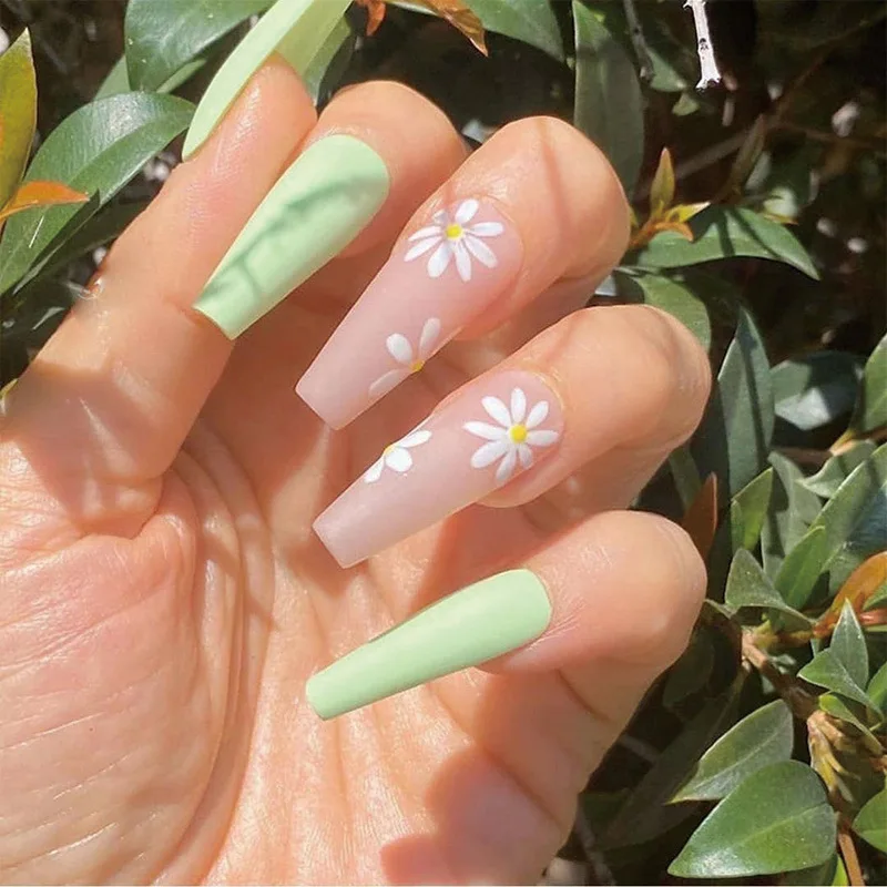 

JP1729 Extra Long Green Coffin Fake Nails Full Set Matte Press on Acrylic Nails Wholesale Bulk