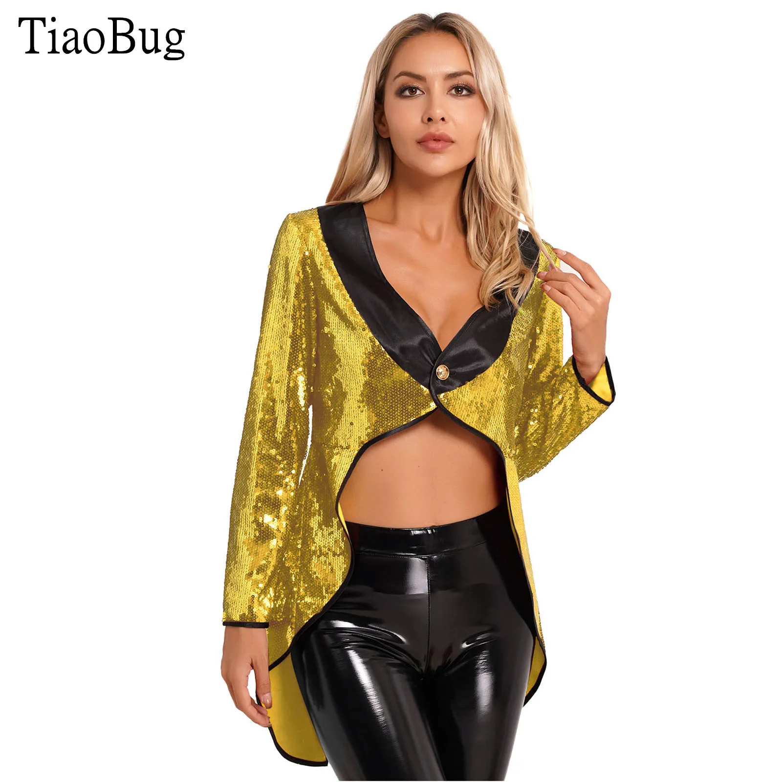 

Womens Halloween Magician Dress Circus Tailcoat Jacket Sparkle Sequin One-Button Tuxedo Outerwear Dress Up Costumes