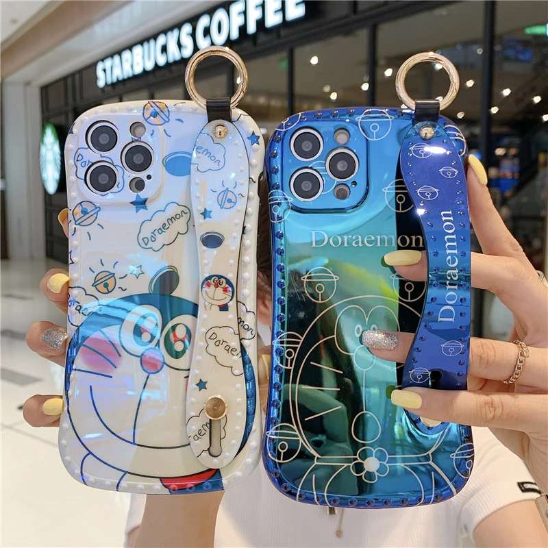 

Bandai Cartoon Doraemon wristband Phone Case for iphone 7 8 13 12 Pro Max 11 Plus X Xs Max XR Cover