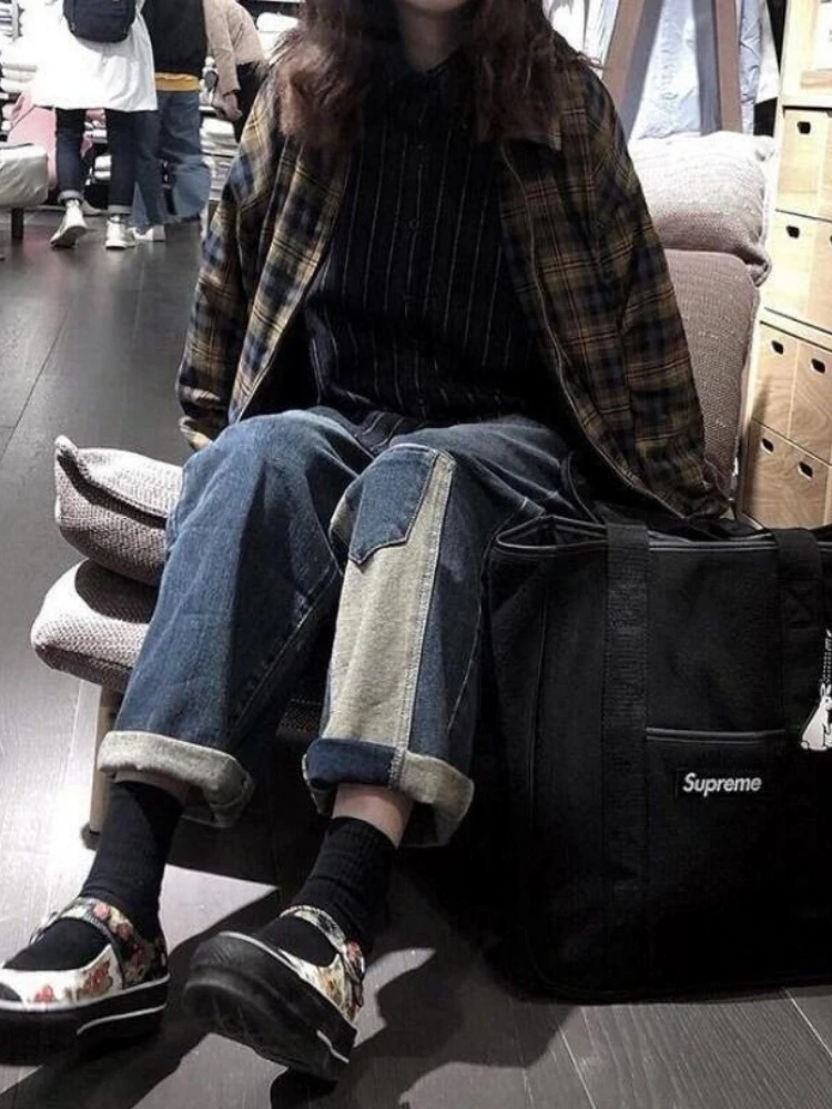 

Stitching Jeans Female 2022SS Preppy Student High Waist Vintage Tooling Straight Wide Leg Pants Trousers Patchwork Baggy Jeans