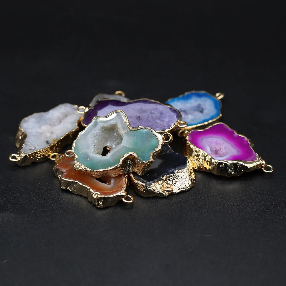 

Natural Stone Pendant Irregular Shape Two-Hole Connector Slice Agate Charms For Jewelry DIY Necklace Bracelet Accessories Making
