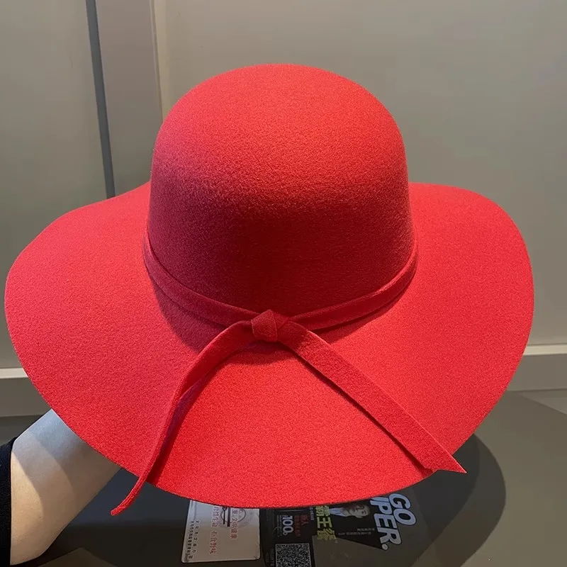 

Women's Wide Brim Felt Bowler Faux Fedora Hat Floppy Sun Bowknot Cloche Cap Bowlers Hat for Ladies gorros mujer invierno