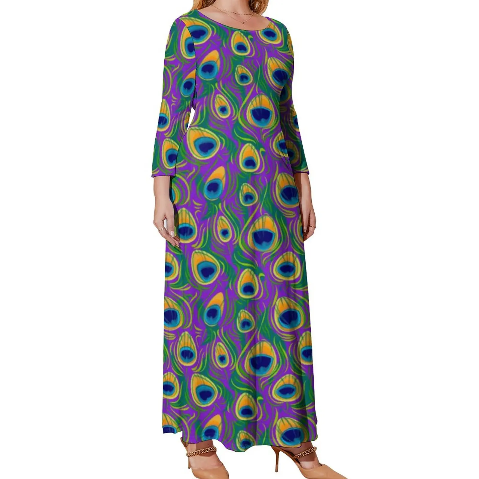 

Pretty Birds Dress Peacock Feathe Print Korean Fashion Boho Beach Dresses Woman Long Sleeve Kawaii Maxi Dress Plus Size Vestido