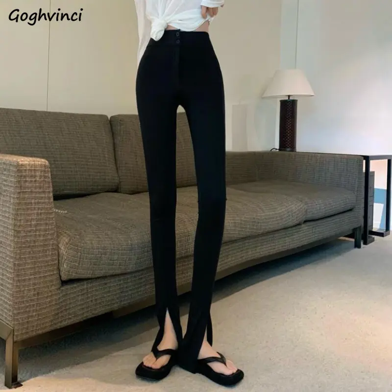

Flare Pants Women High Waist Fashion Slit Casual Skinny Spring Korean Style Abdomen Solid All-match Chic Stretchy Office Lady