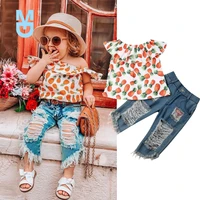 new summer toddler kids baby girl pineapple print tops denim long ripped pants outfits novelty set clothes