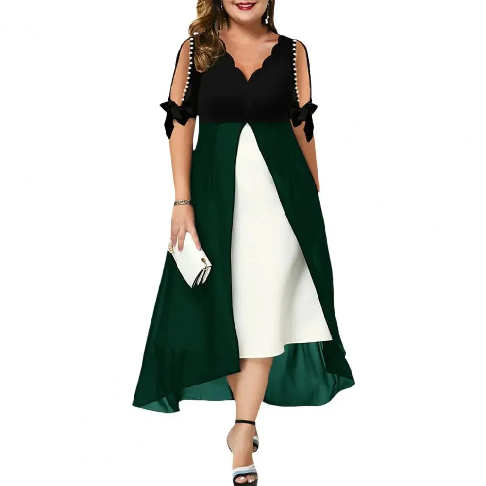 

Fashion Cold Shoulder Waist Tight Elegant Splicing Color Fake Two Pieces Gown Dress Skin-touching Midi Dress Daily Clothing