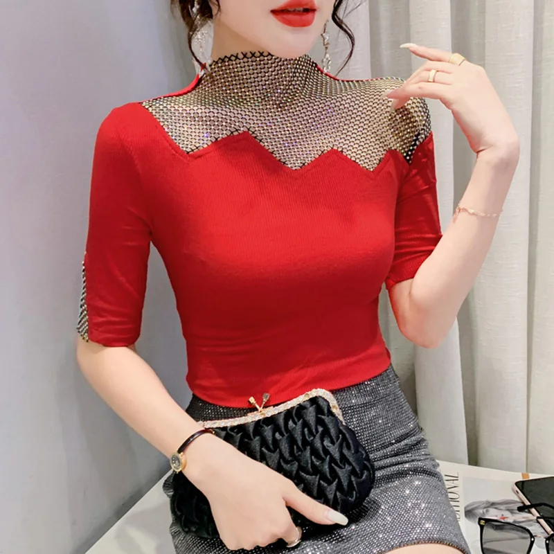 

New 2022 Summer Short Sleeve Top Feamle Fashion Casual Sexy Hollow Out Patchwork Mesh T-Shirt Plus Size Women Clothing