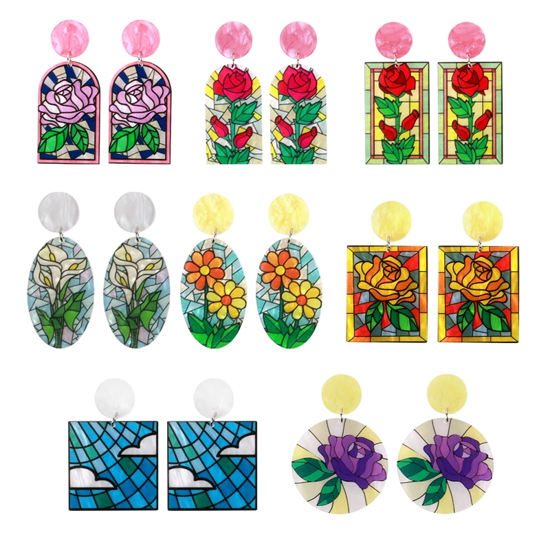 

Trendy Colorful Flowers Acrylic Earrings for Women 2023 Rose Flower Square Geometric Dangle Drop Earring Church Style Jewelry