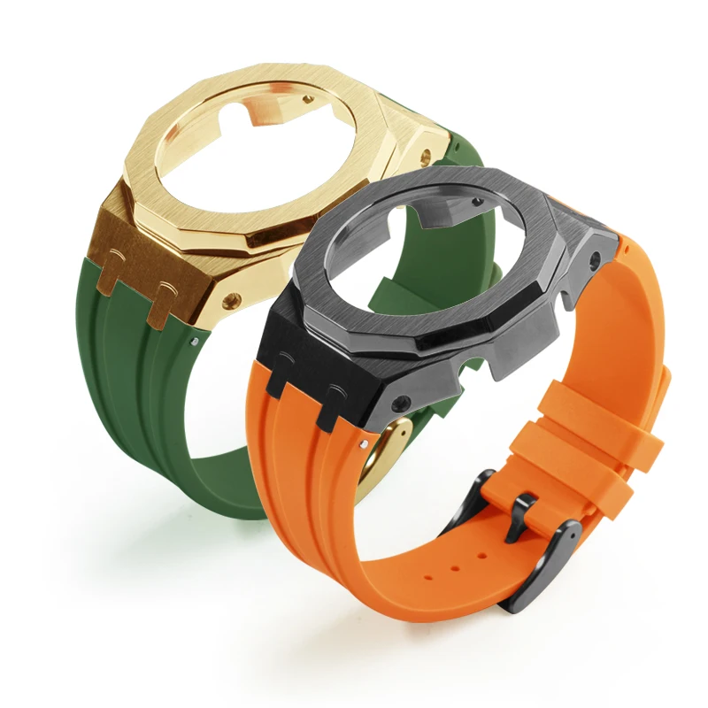 For GMA-S2100 Mod Kit for Casioak GMAS2100 Metal Steel Case Bezel with Tool Female Fluoro Rubber Strap for GMA-S2100 Accessories