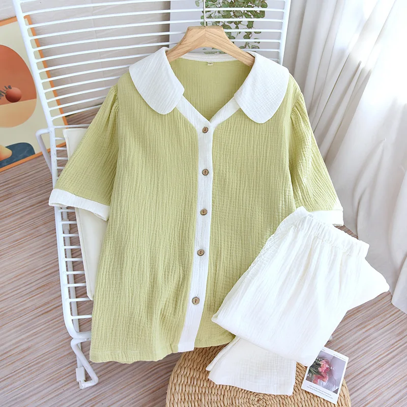 

2023 New Spring/Summer Pajama Set 100% Cotton Crepe Short Sleeve+Pants Two Piece Set for Women's Doll Neck Cute Home Furnishing
