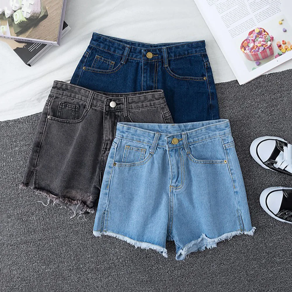 

Denim Shorts female student Korean all-match loose wide-leg pants raw edge chic high waist thin slit hot pants Women jeans