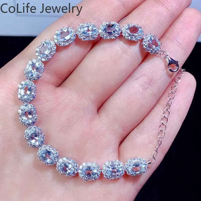 

Classic Aquamarine Bracelet 15 Pieces 4mm*6mm Total 7.5ct Natural Aquamarine Silver Bracelet with 3 Layers 18K Gold Plating